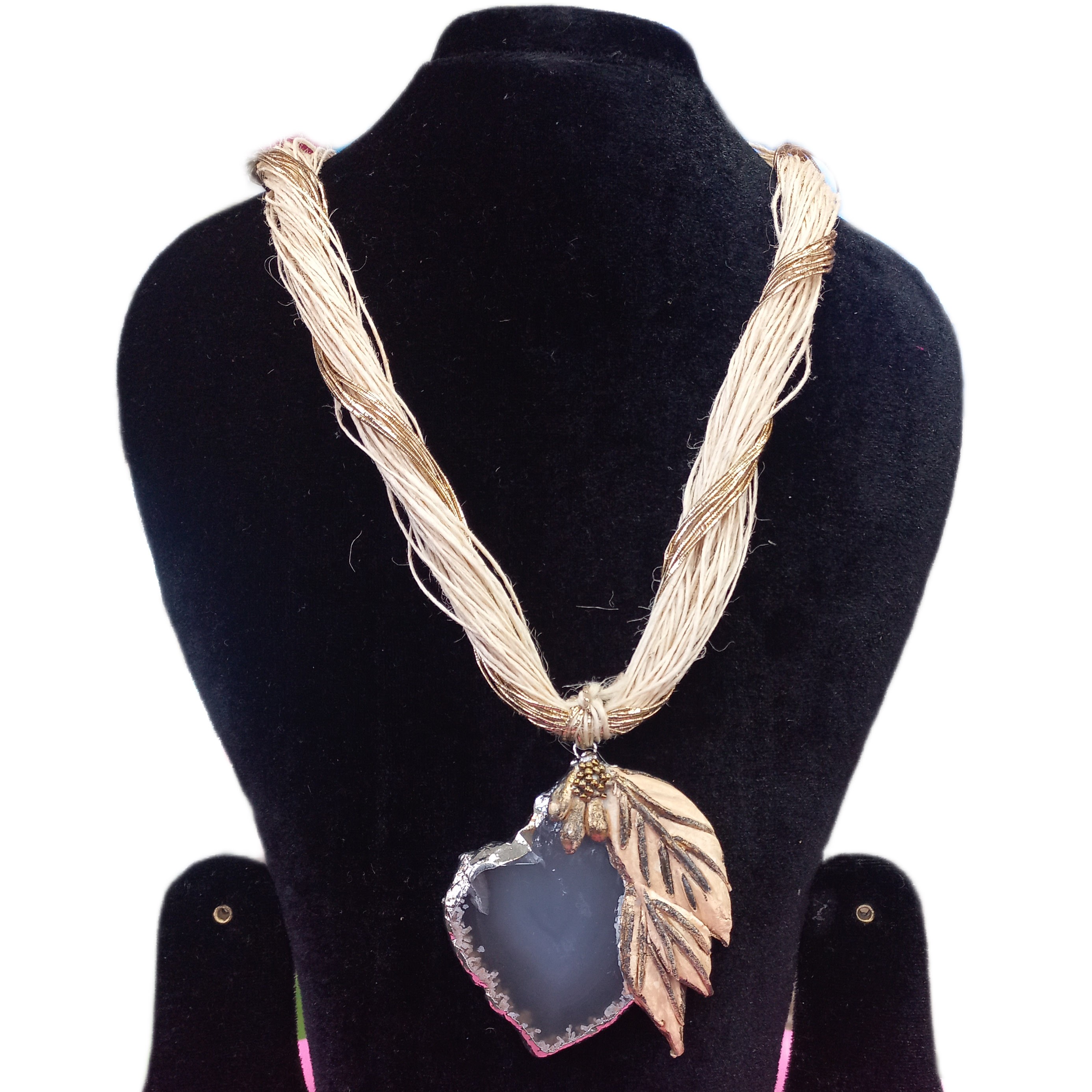 Rustic Agate Stone Pendant Necklace with Gold Leaf Charm