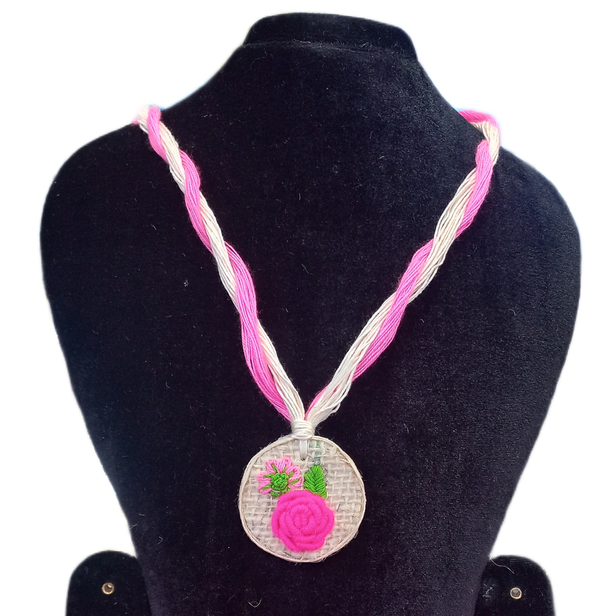 “Blush Bloom” – Embroidered Handmade Floral Pendant Necklace