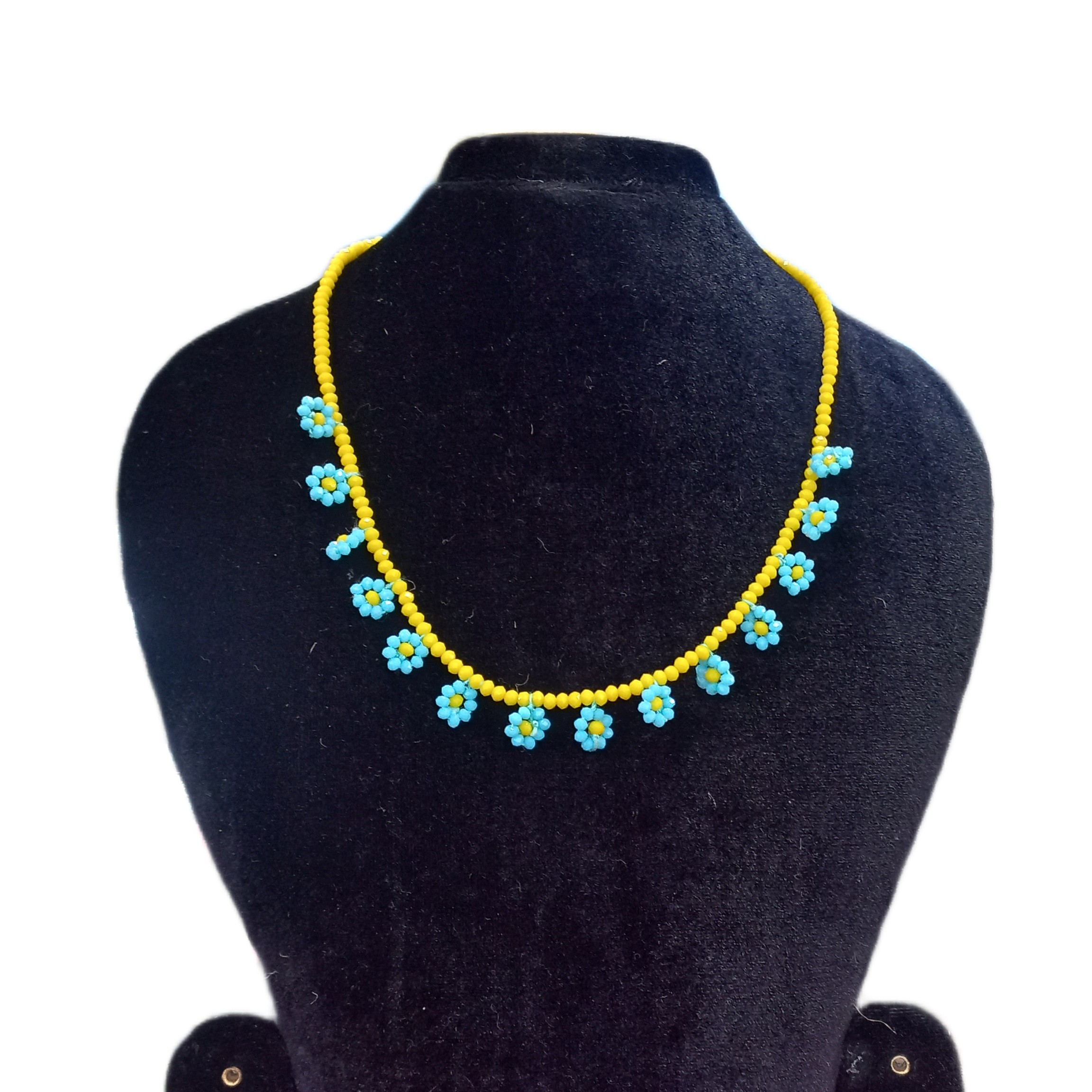 “Sunbliss Daisies” – Yellow & Blue Floral Bead Necklace