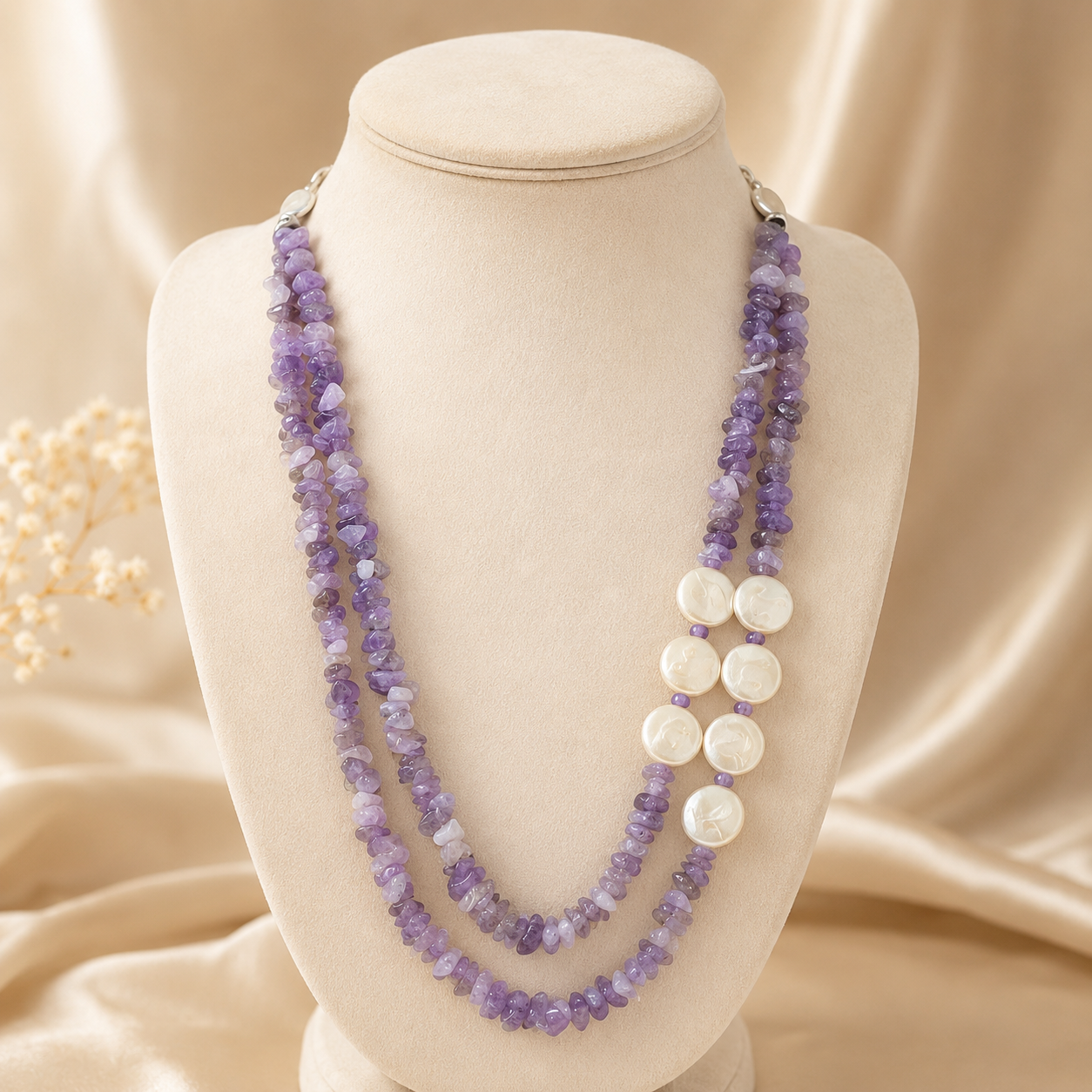 Handcrafted Lavender Chip & Ivory Disc Layered Necklace
