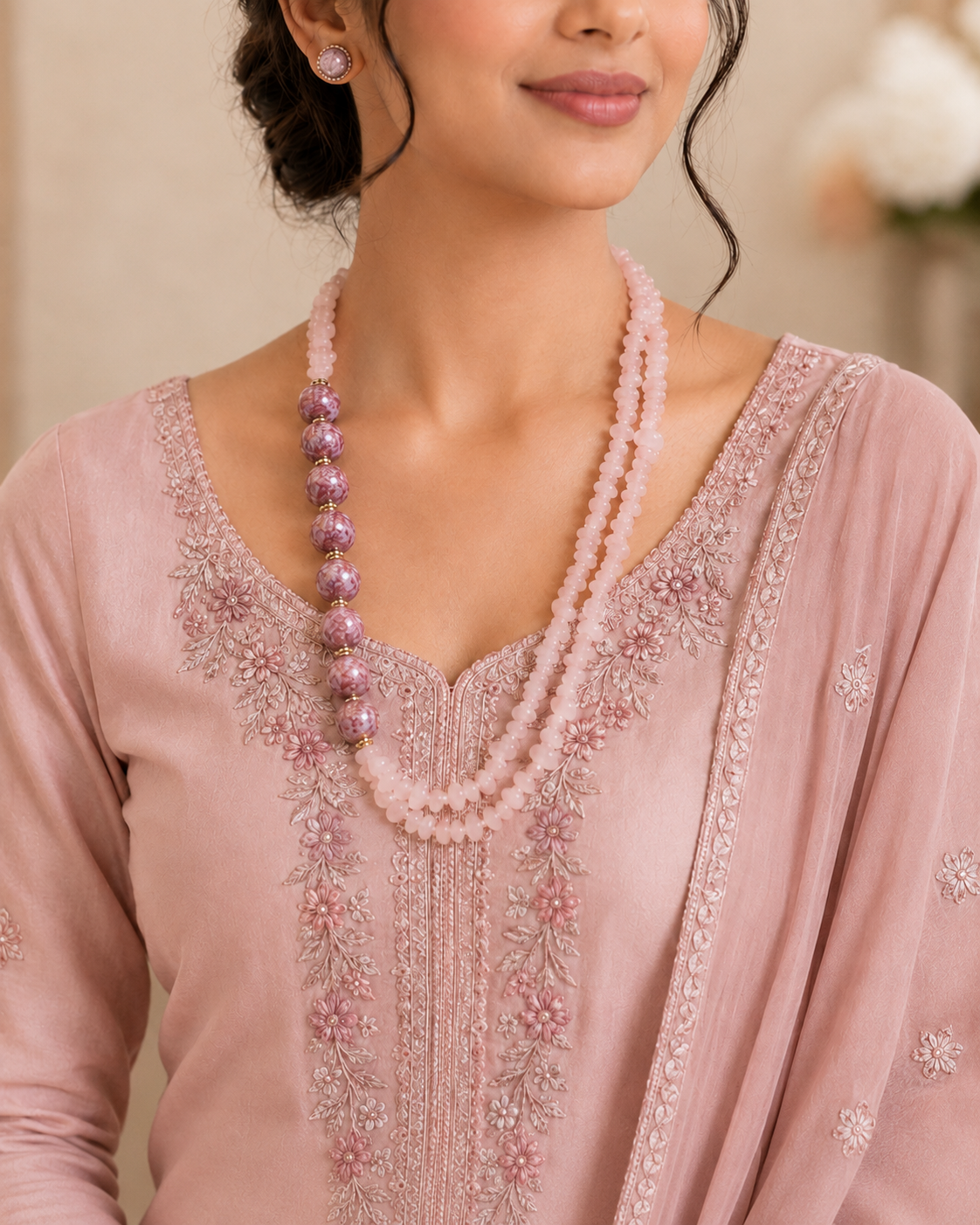 Handcrafted Blush Pink Layered Bead Necklace