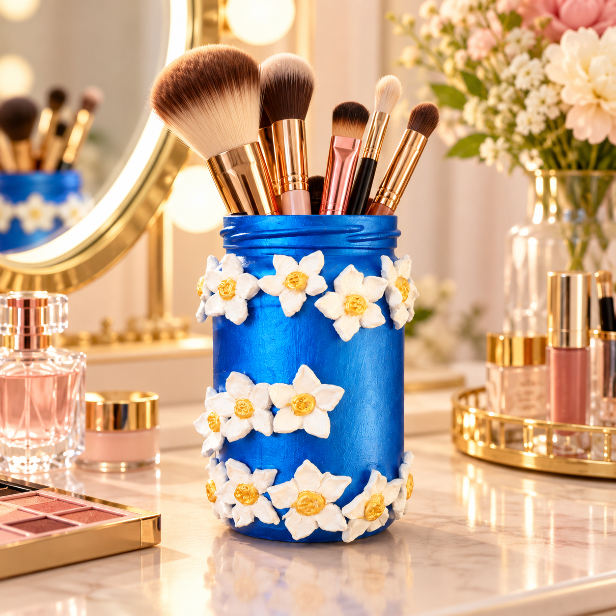 Handcrafted Royal Blue Floral Decorative Jar