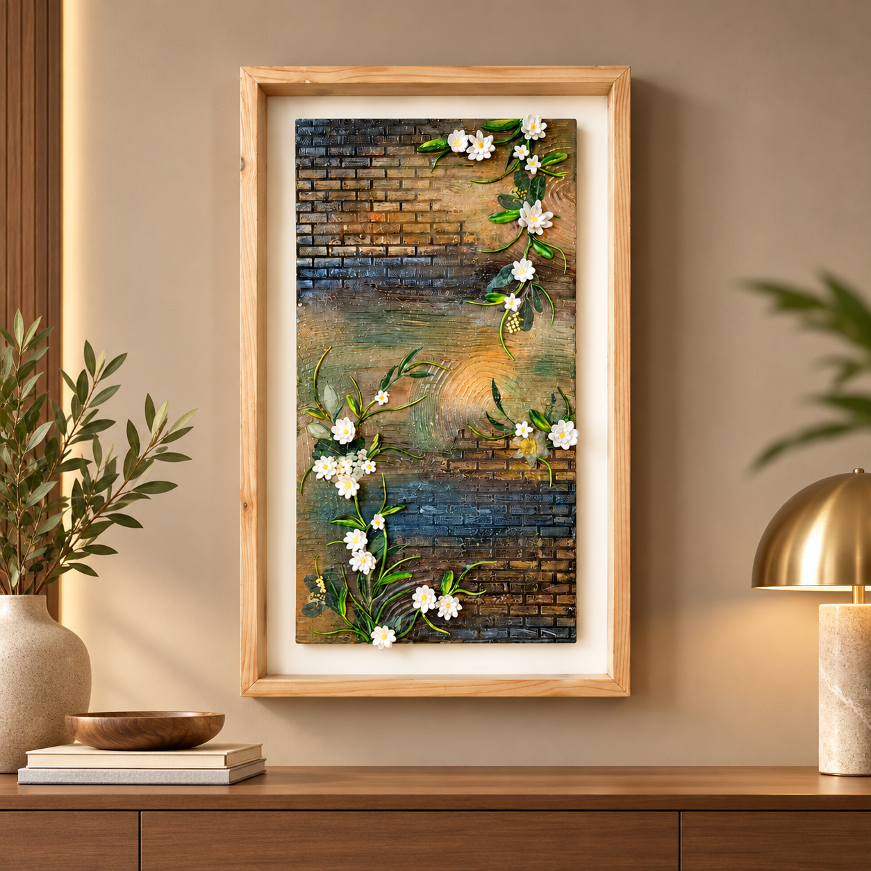 Handcrafted 3D Floral Textured Wall Art with Wooden Shadow Frame