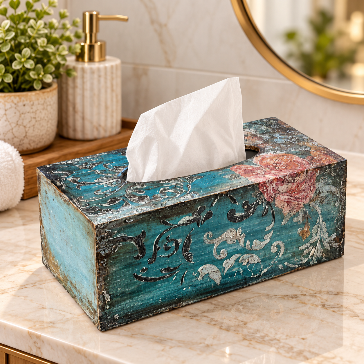 Handcrafted Vintage Floral Wooden Tissue Box