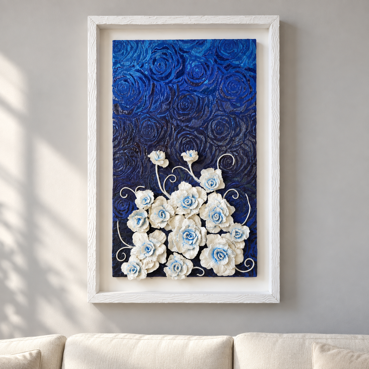 Product Name: Midnight Blue & White Rose 3D Framed Wall Art
