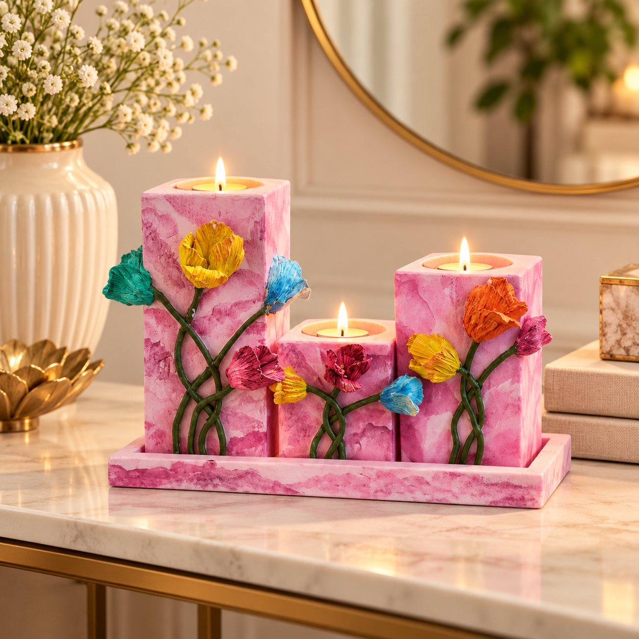 Handcrafted 3D Floral Decorative Candle Holder Set – Pink Marble Finish (3 Pieces with Tray)